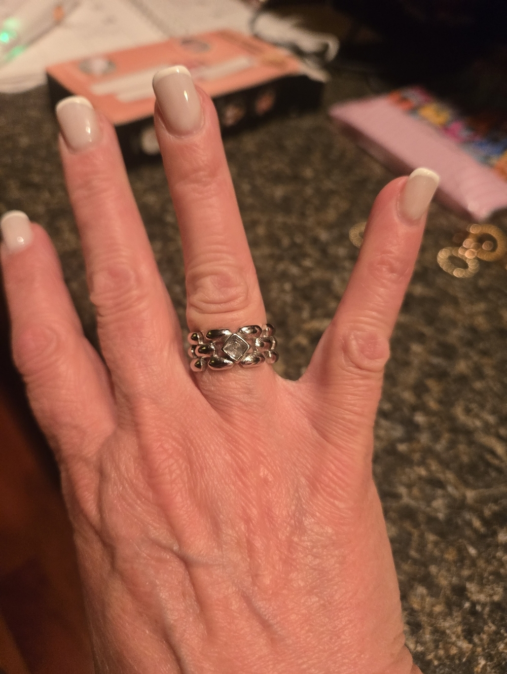 Chansett Pearls Sterling Silver Heart Chain Stack Ring - Silver